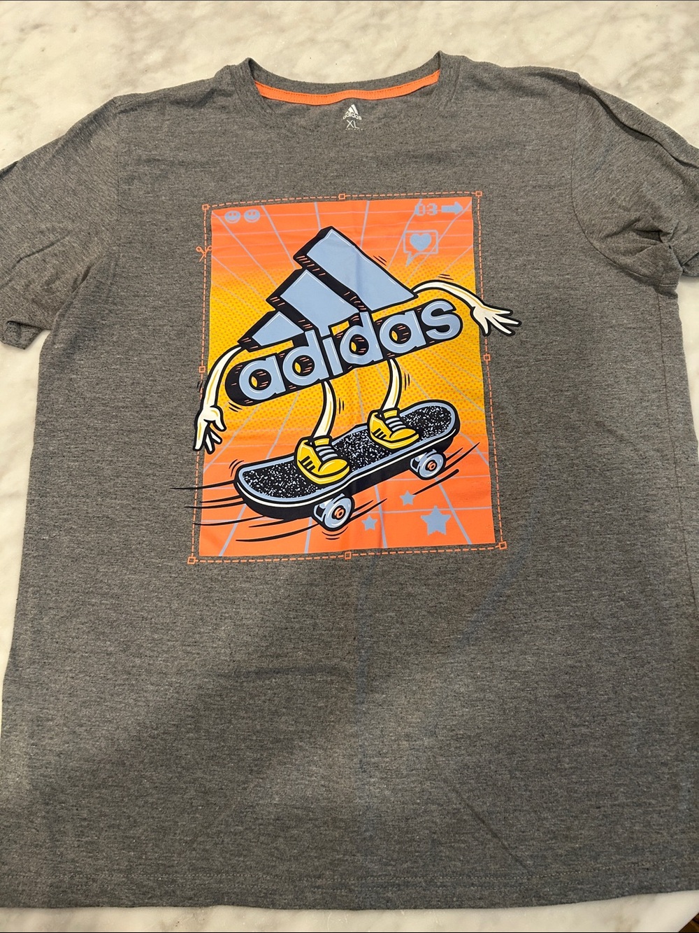 adidas Kids Gray Graphic Skate Tee with Orange and Yellow Artwork